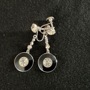 Silver-Tone Black Enamel Disc With Rhinestone Dangle Screw-Back Earrings